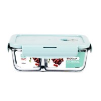 德玛斯 耐热玻璃保鲜盒 微波炉专用加热饭盒 冰箱收纳带盖密封分隔储物便当碗餐盒 北欧蓝分隔